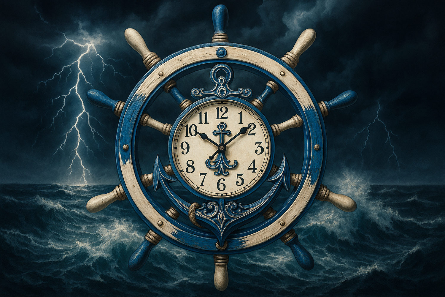 blue white ship wheel anchor clock against a stormy ocean background